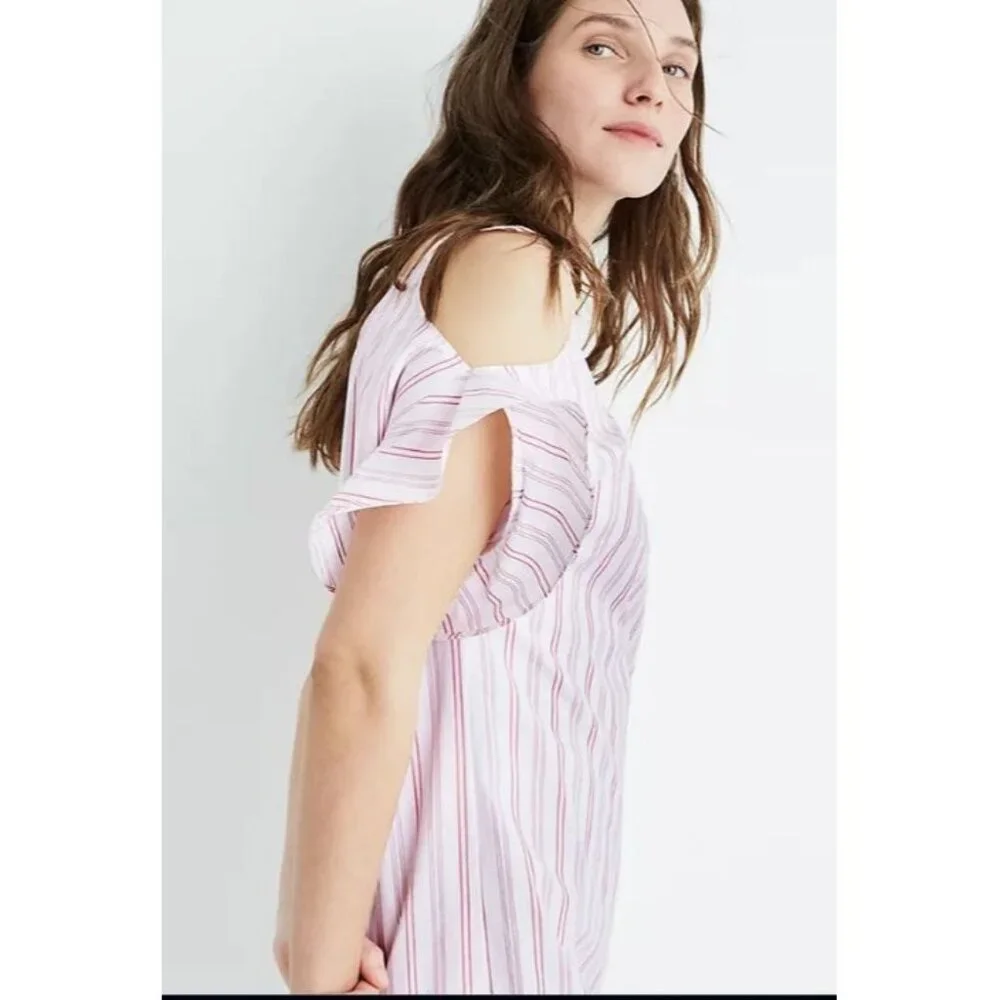 NWT Madewell Rose Stripe Bell Sleeves Cold-Shoulder Dress Size L 1046 - Picture 6 of 10